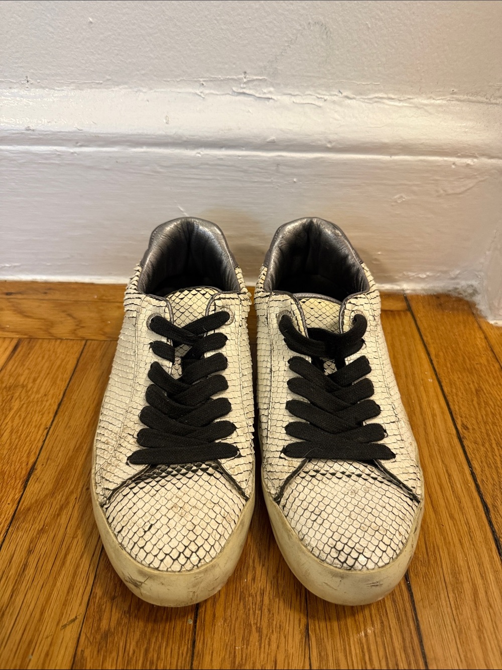 Women’s White Snake-Print Low-Top Sneakers with Black Laces